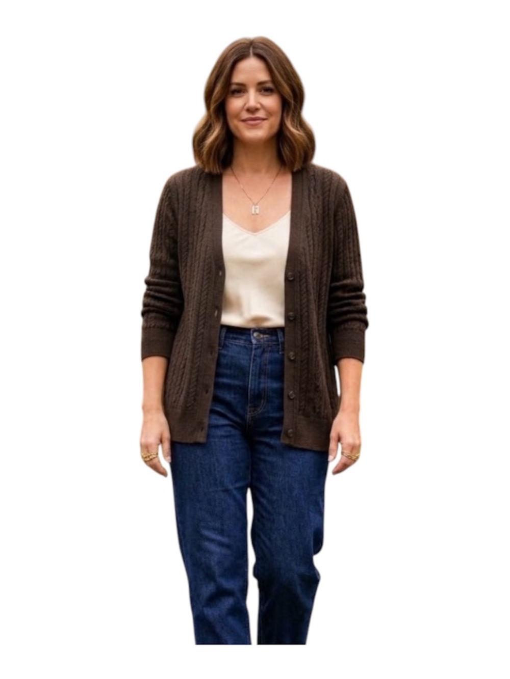 Lands End Womens VNeck Cardigan Sz L Brown Cable Knit Grandma Cabincore Heritage